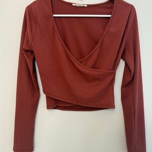 Caution To The Wind Brown Red Crop Wrap Blouse